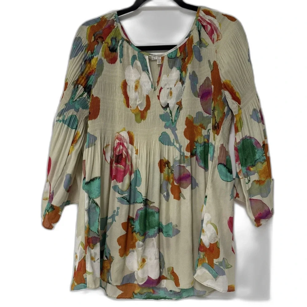 SPENSE Muted Floral Blouse - Blue Teal Pink - 3/4 Sleeves Ladies Med